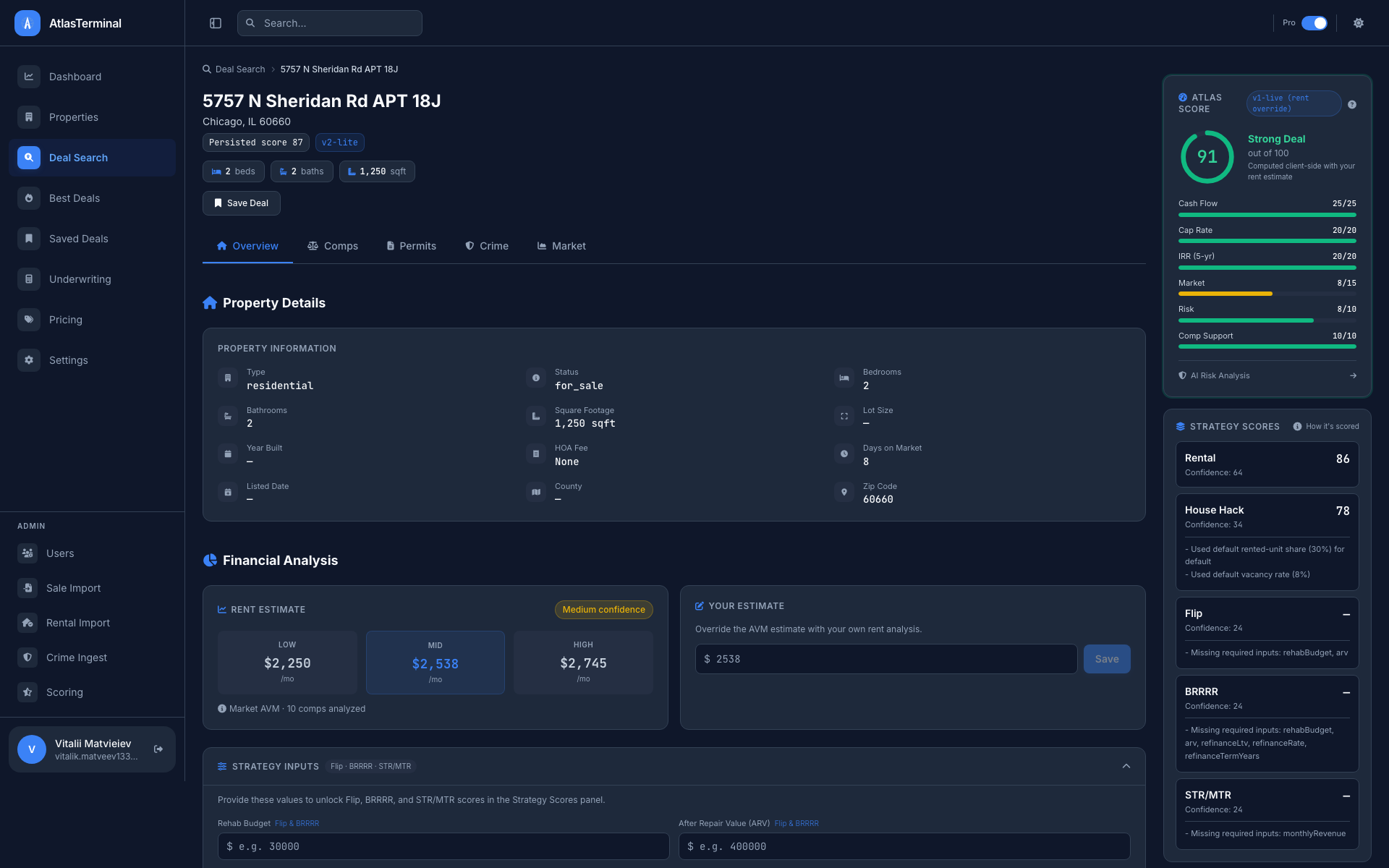 Property detail screen with Atlas score 91/100, strategy scores, and rent estimate analysis